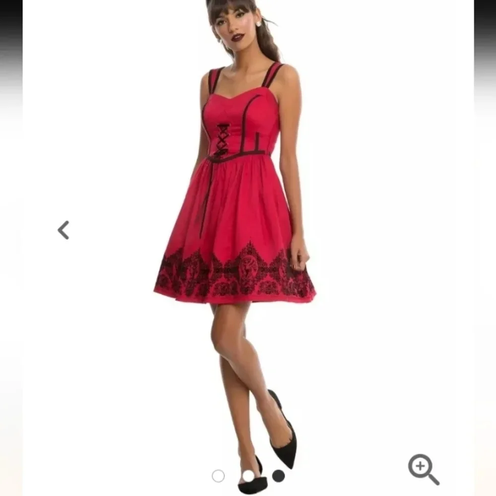 hot topic red velvet dress Hot Topic Women's Red Lace Front Bodice Mini Dress Black Velvet Skeleton Pattern